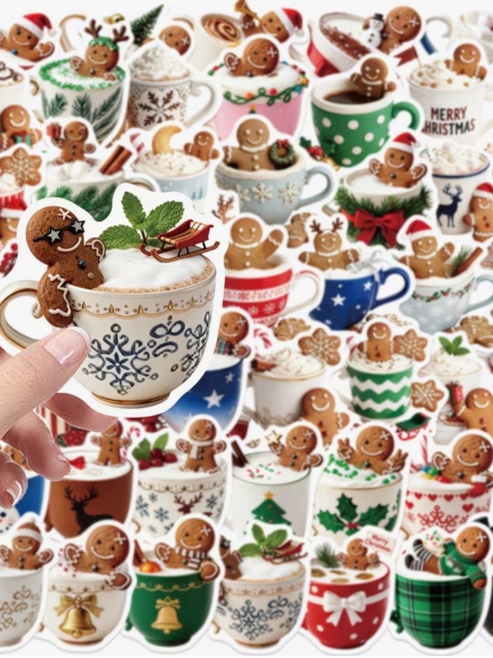 50 Holiday Gingerbread Cookies in Mugs Stickers Christmas Cocoa Coffee Baking